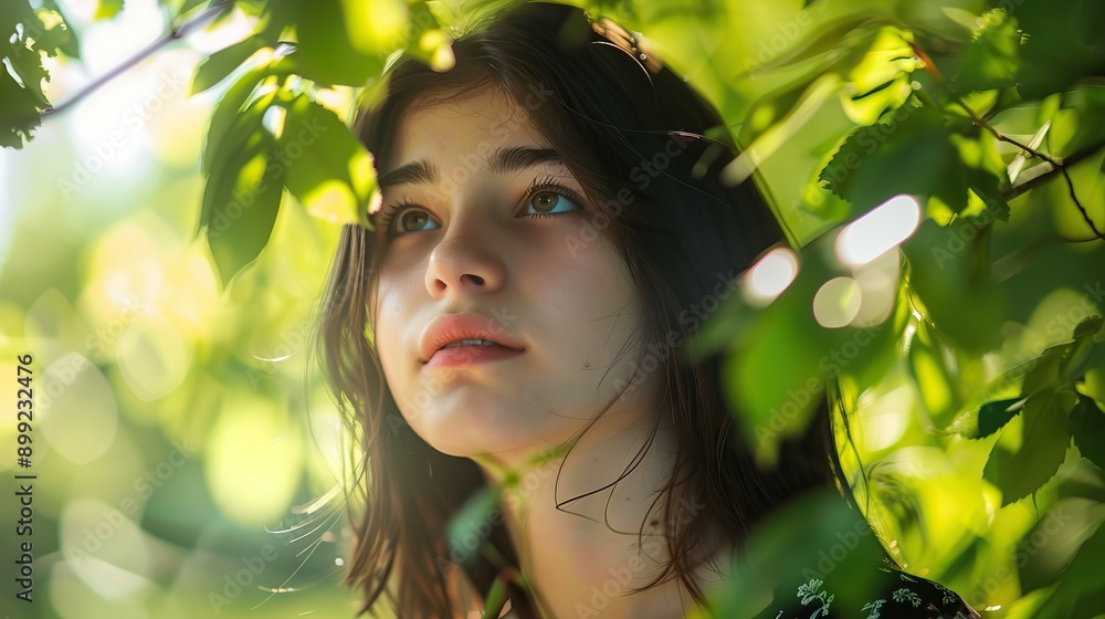 Caucasian woman with dark hair in nature setting framed by green leaves soft natural light illuminating face creating dreamy atmosphere Caucasian woman with dark hair in nature setting framed by green leaves soft natural light illuminating face creating dreamy atmosphere