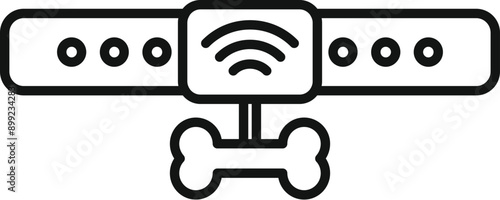 Simple line art of a gps tracker attached to a dog collar, indicating the pet's location