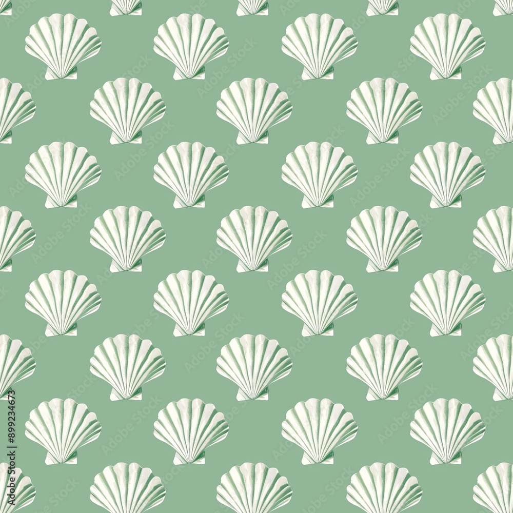 Seamless pattern of white shells on a green background, pastel tones, minimalism, vintage style, light color palette with muted green and white Seamless pattern of white shells on a green background, pastel tones, minimalism, vintage style, light color palette with muted green and white