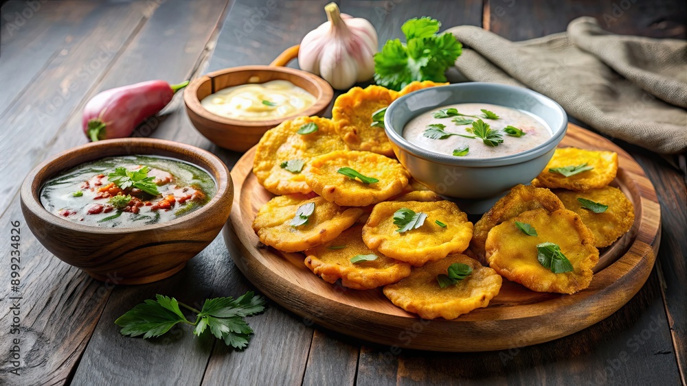 Delicious tostones served with a side of flavorful garlic sauce , Tostones, fried plantains Delicious tostones served with a side of flavorful garlic sauce , Tostones, fried plantains