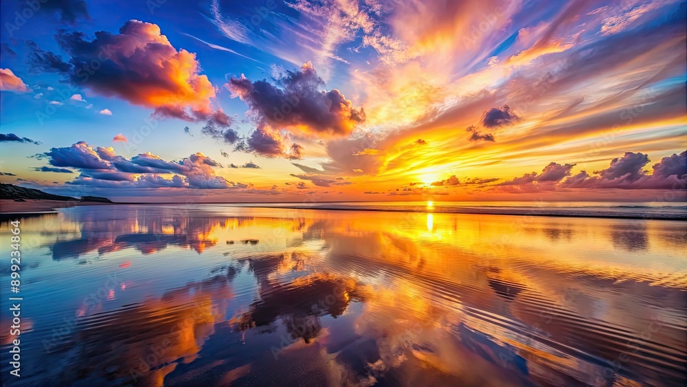 Beautiful sunset over a tranquil beach with colorful sky and reflection on water, beach, sunset, tranquil, colorful sky, reflection Beautiful sunset over a tranquil beach with colorful sky and reflection on water, beach, sunset, tranquil, colorful sky, reflection