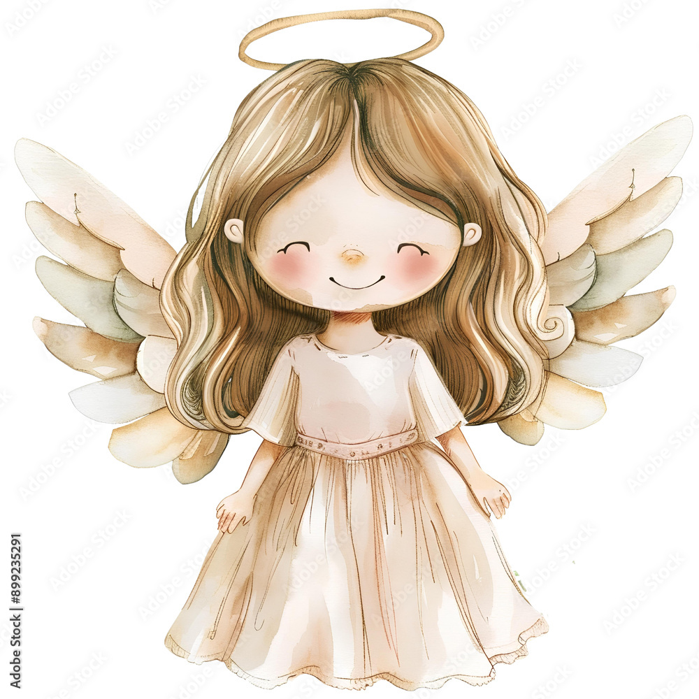 Fototapeta premium watercolor angel with light brown hair clip art, white background, soft beige dress, pastel colors, children's book illustration style