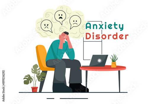 Vector Illustration of Anxiety Disorder Featuring a Frustrated Person, Nervousness, and Confusion on a Depression or Mental Health Flat Background