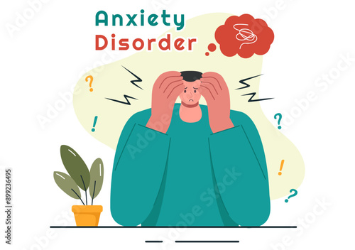 Vector Illustration of Anxiety Disorder Featuring a Frustrated Person, Nervousness, and Confusion on a Depression or Mental Health Flat Background