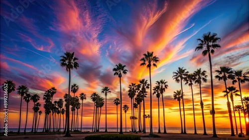 Stunning California sunset with rows of palm trees silhouetted against vibrant sky in Santa Barbara, USA