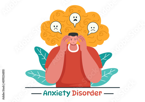 Vector Illustration of Anxiety Disorder Featuring a Frustrated Person, Nervousness, and Confusion on a Depression or Mental Health Flat Background