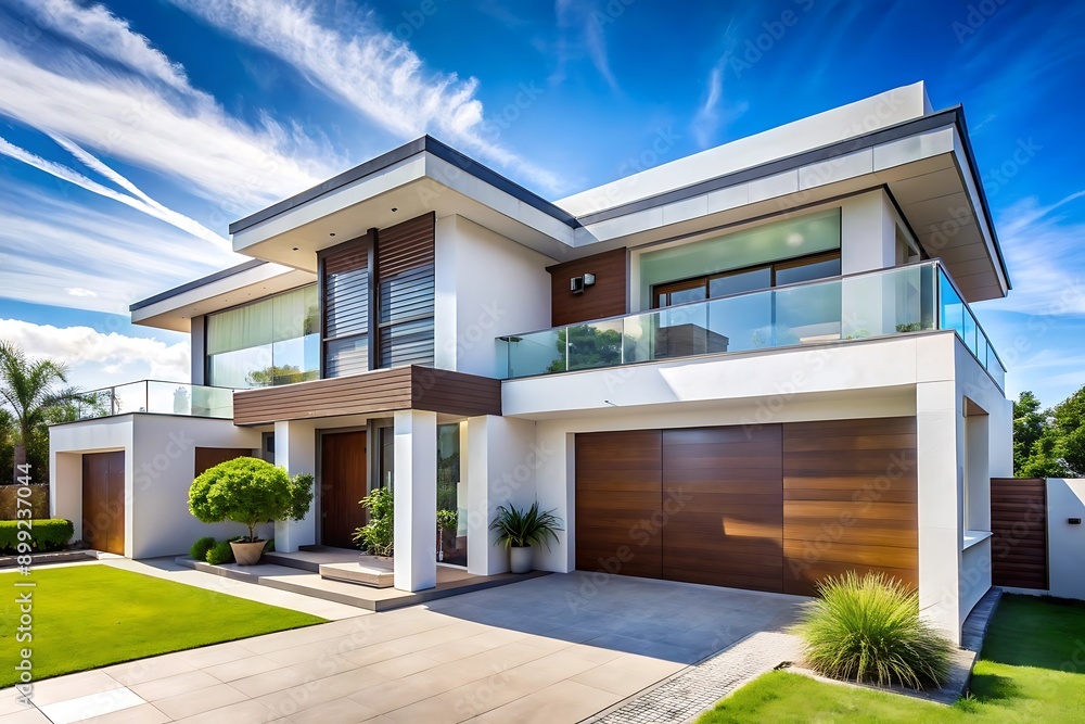 Modern White House with Wooden Accents. Modern White House with Wooden Accents.