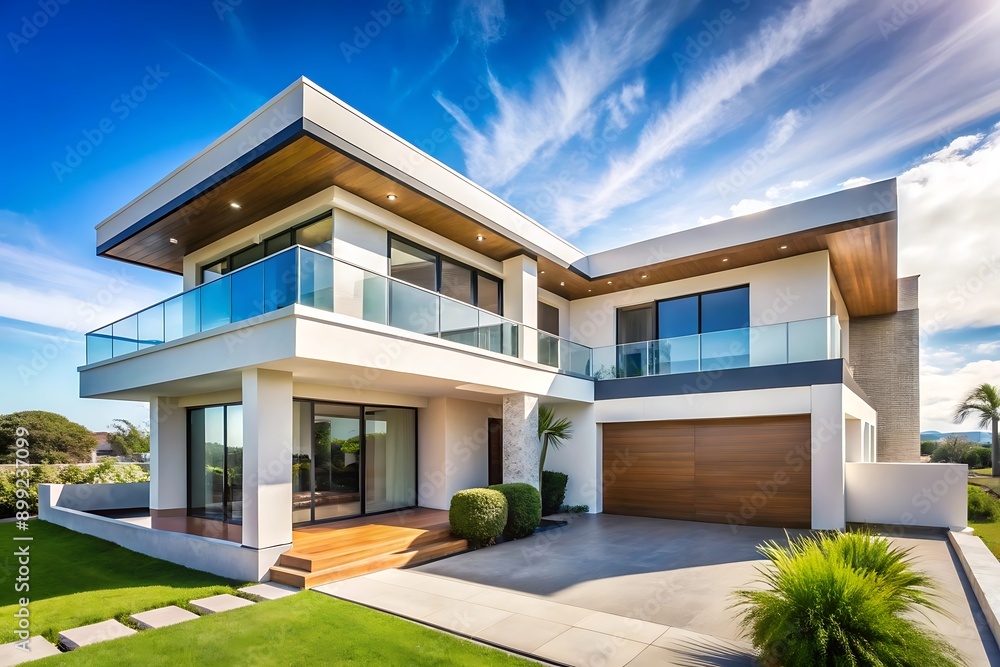 Modern Home Exterior with Glass Balconies and Wood Accents. Modern Home Exterior with Glass Balconies and Wood Accents.