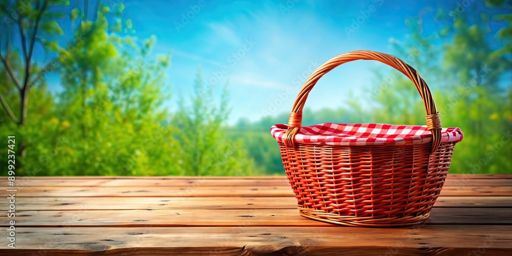 A red wooden table with a wicker basket ready for a sunny holiday , summer, vacation, travel, relaxation, leisure, picnic A red wooden table with a wicker basket ready for a sunny holiday , summer, vacation, travel, relaxation, leisure, picnic
