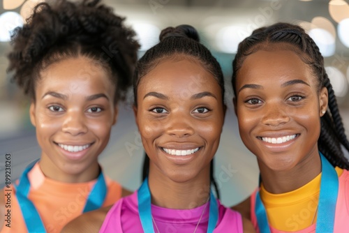 Triumphant Women Celebrating Olympic Victory on Stadium Track