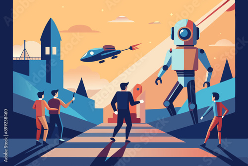 A group of people are gathered on a street, facing a robot.  A group of people are standing on a street in front of a robot, admiring its design and technology