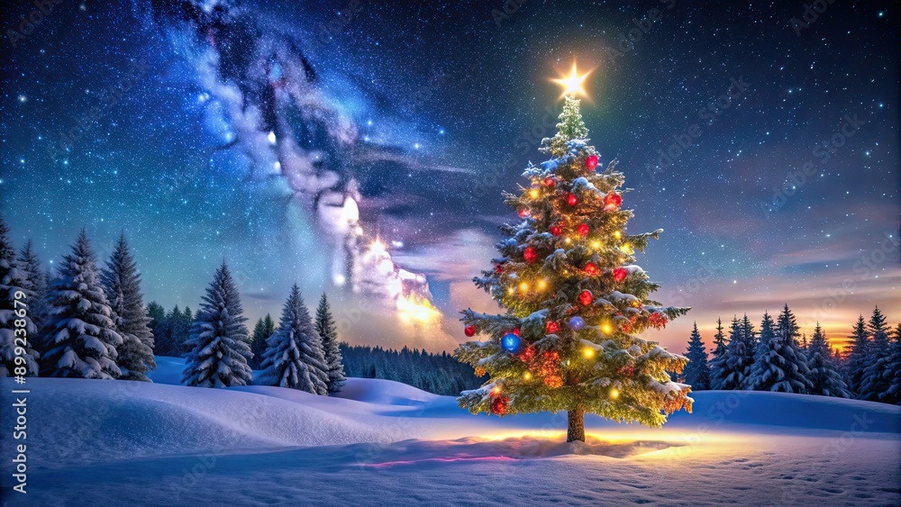 Fototapeta premium Beautifully lit Christmas tree in a snowy landscape, glowing with colorful lights under a starry night sky, Christmas, tree
