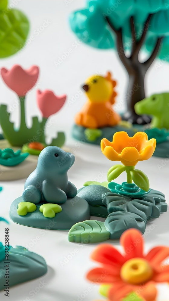 Obraz premium A close up view of a delightful array of colorful preschool toys arranged in a tranquil garden setting against a pure white background with crisp studio lighting and high definition focus 
