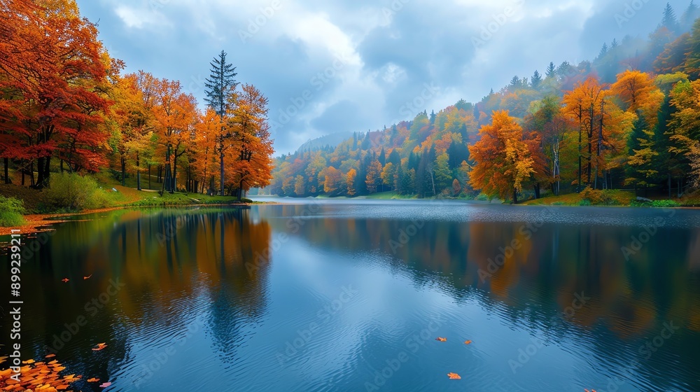 Serene autumn landscape with a still lake reflecting colorful trees and a cloudy sky. Serene autumn landscape with a still lake reflecting colorful trees and a cloudy sky.
