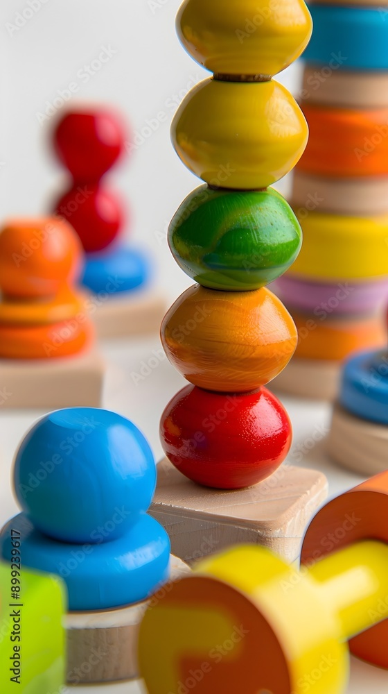 Close up of a variety of colorful wooden educational stacking and balancing toys arranged in a peaceful tranquil garden setting with a pure white background and studio lighting for a crisp Close up of a variety of colorful wooden educational stacking and balancing toys arranged in a peaceful tranquil garden setting with a pure white background and studio lighting for a crisp