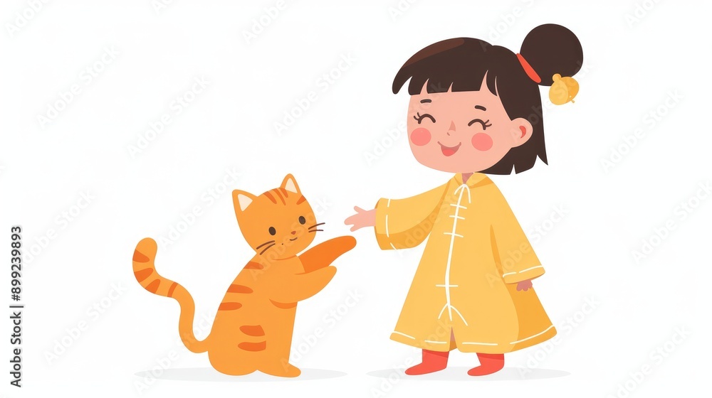 Happy Chinese girl with orange cat, both in light outfits, simple cartoon illustration on a white background Happy Chinese girl with orange cat, both in light outfits, simple cartoon illustration on a white background