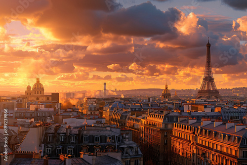 Stunning Panoramic View of Paris at Sunset with Eiffel Tower and Historical Buildings Illuminated by the Golden Sunlight