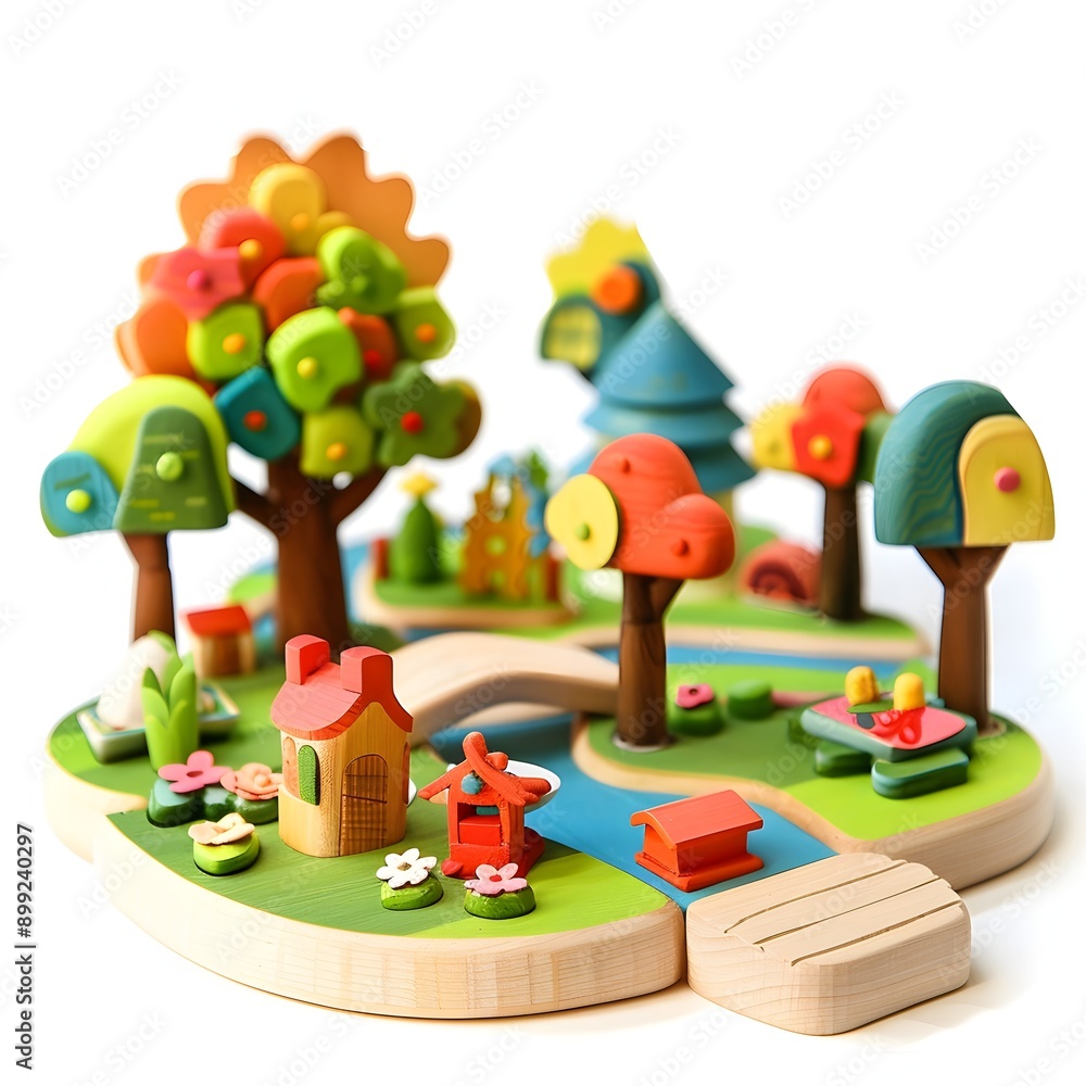Naklejka premium Close up of Skill Building Wooden Toys Arranged in a Tranquil Garden Setting Isolated on a Pure White Background with High Definition Studio Lighting and Crisp Focus