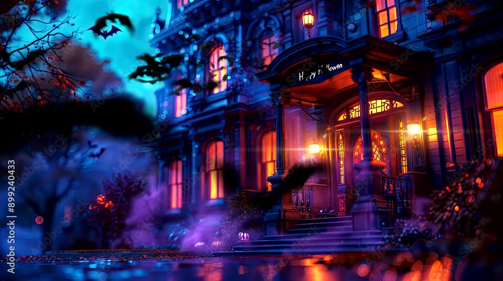 Happy Halloween of a haunted house. The scene should include flickering lights in the windows, bats flying around. seamless looping time-lapse virtual 4k video animation Happy Halloween of a haunted house. The scene should include flickering lights in the windows, bats flying around. seamless looping time-lapse virtual 4k video animation
