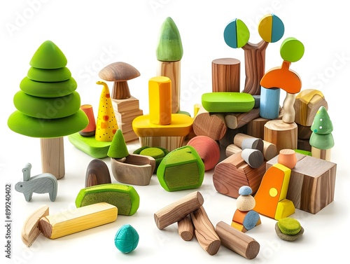Close up shot of an assortment of vibrant handcrafted wooden toys arranged in a tranquil garden setting on a pure white background showcasing creative design educational potential 
