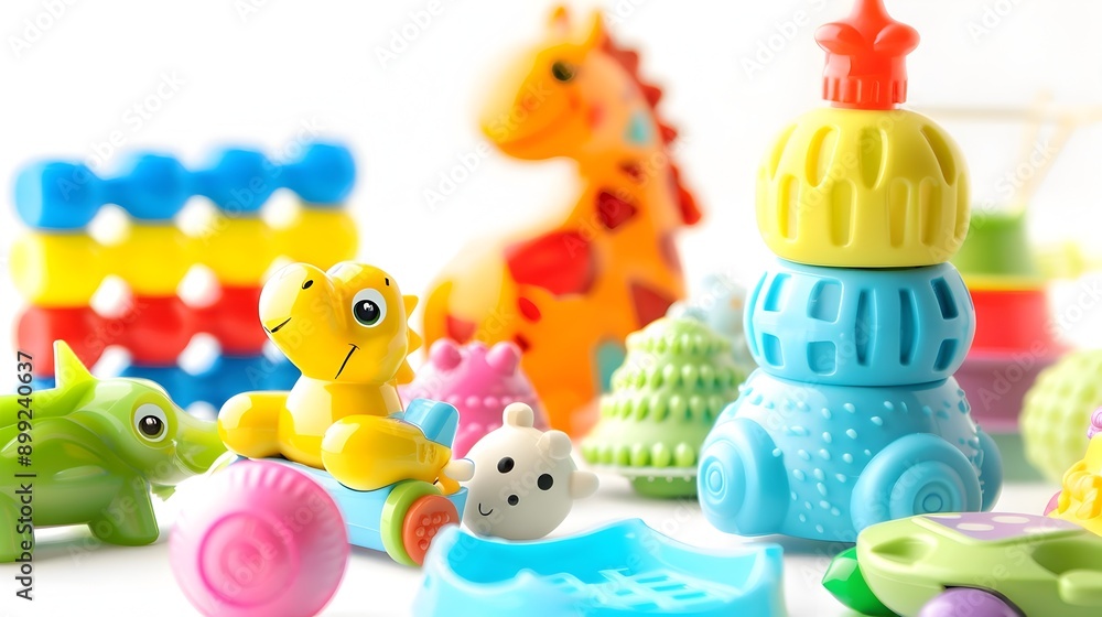 Colorful array of baby and toddler toys including plush animals geometric shapes and educational blocks in a tranquil garden setting isolated on a pristine white background with high definition Colorful array of baby and toddler toys including plush animals geometric shapes and educational blocks in a tranquil garden setting isolated on a pristine white background with high definition