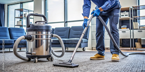 Industrial vacuum cleaner sits on office carpet, equipped with various attachments, showcasing expert rug care and commercial cleaning service in a professional office environment. photo