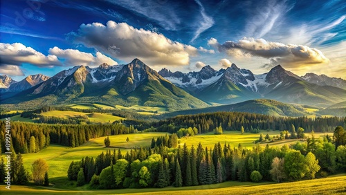 Beautiful panoramic view of Western Tatra mountains on a sunny day with a high definition HDR backdrop
