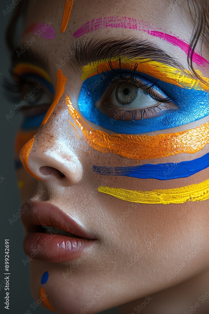 Artist surrounded by colorful murals, vibrant makeup, creative environment, vivid shot Artist surrounded by colorful murals, vibrant makeup, creative environment, vivid shot