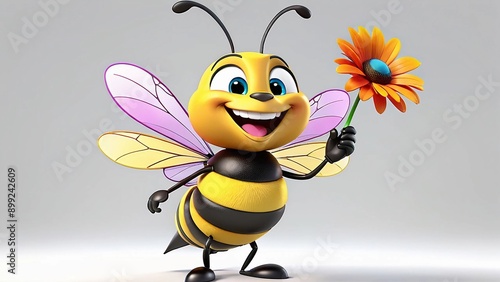 A 3D rendered cartoon bee smiling and holding a colorful flower with its wings fluttering