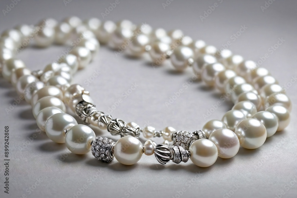 Pearl Necklace on Light Gray Background: A statement pearl necklace arranged in a gentle curve on a light gray background. Pearl Necklace on Light Gray Background: A statement pearl necklace arranged in a gentle curve on a light gray background.