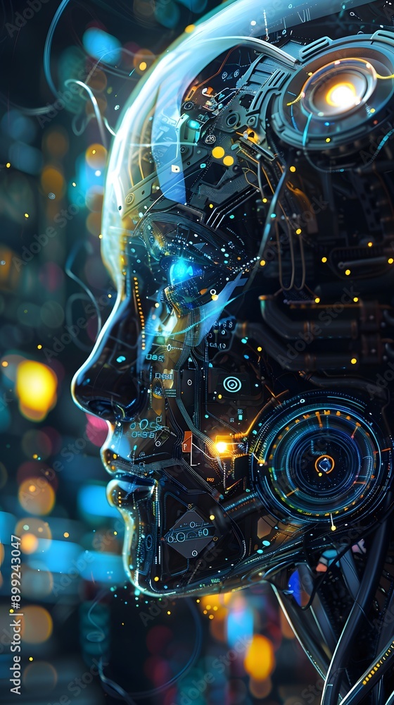 A futuristic illustration showing a robot and a brain, blending elements of technology, industry, and design A futuristic illustration showing a robot and a brain, blending elements of technology, industry, and design