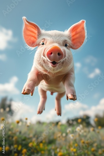 Piglet flying in clear blue sky, fluffy clouds, bright lighting, playful scene