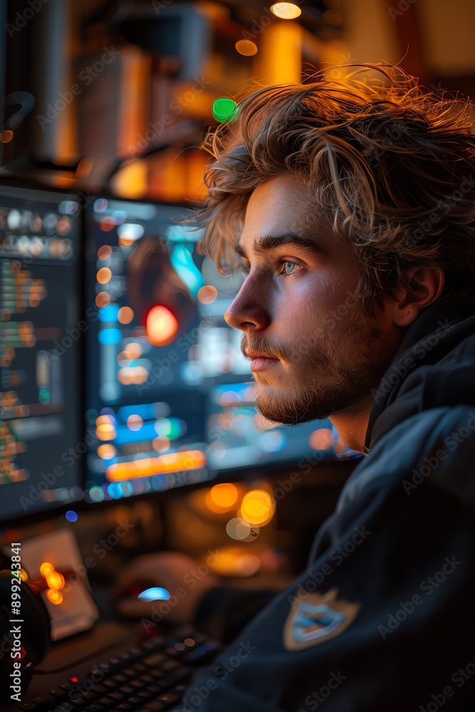 Young coder programming in a minimalist setup, dual monitors, soft white light, closeup Young coder programming in a minimalist setup, dual monitors, soft white light, closeup