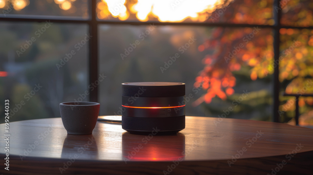 A smart speaker with a glowing red light sits on a wooden table beside a cup, with a sunset view outside, creating a cozy ambiance.
A smart speaker with a glowing red light sits on a wooden table beside a cup, with a sunset view outside, creating a cozy ambiance.
