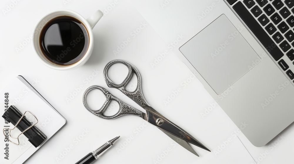 Minimalist Desk Setup with Coffee, Scissors, and Laptop Minimalist Desk Setup with Coffee, Scissors, and Laptop