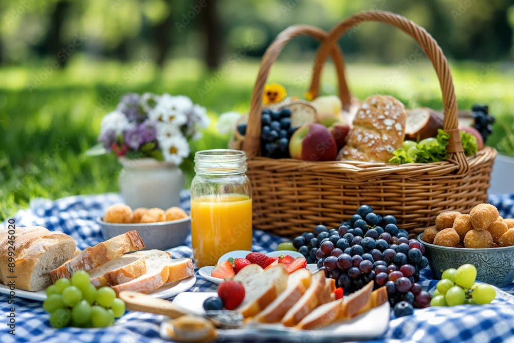 Picnic basket with assorted foods on checkered blanket Picnic basket with assorted foods on checkered blanket