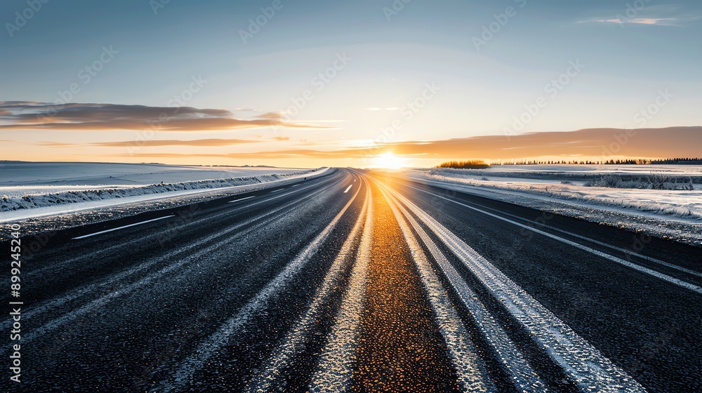 Fototapeta premium Sunset casting long shadows on empty asphalt highway, dramatic and serene, Sunset asphalt road, peaceful journey