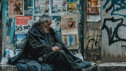 Man experiencing homelessness, resting under a blanket with old political posters on a wall, highlighting societal challenges and neglect