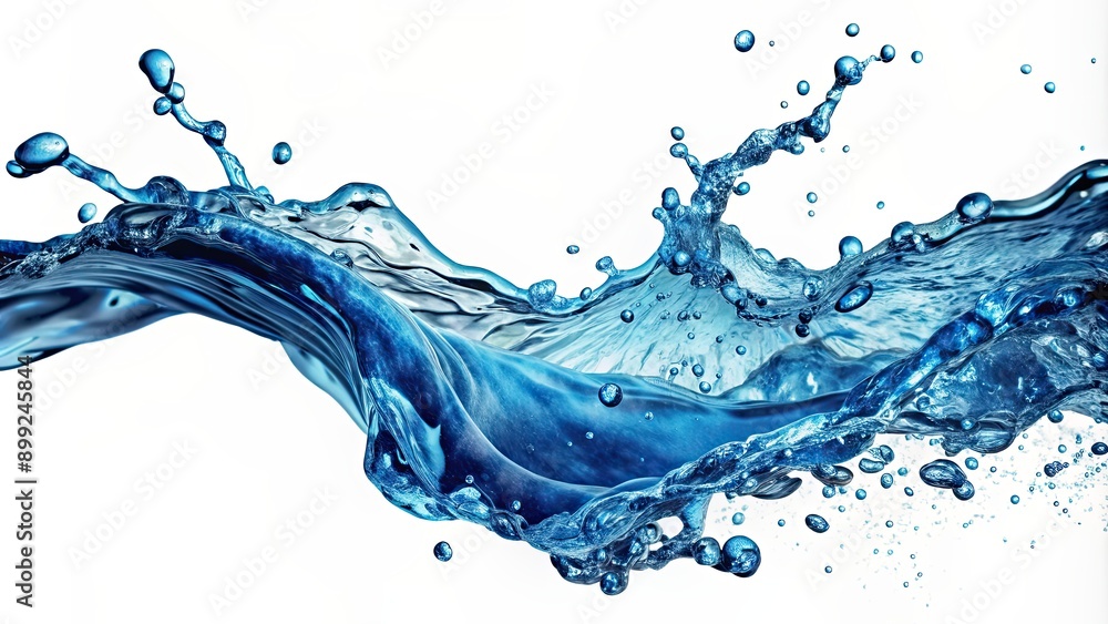 Obraz premium Isolated water splash with blue bubbles and flowing motion, water, splash, isolated,background, blue, bubbles, flowing, motion