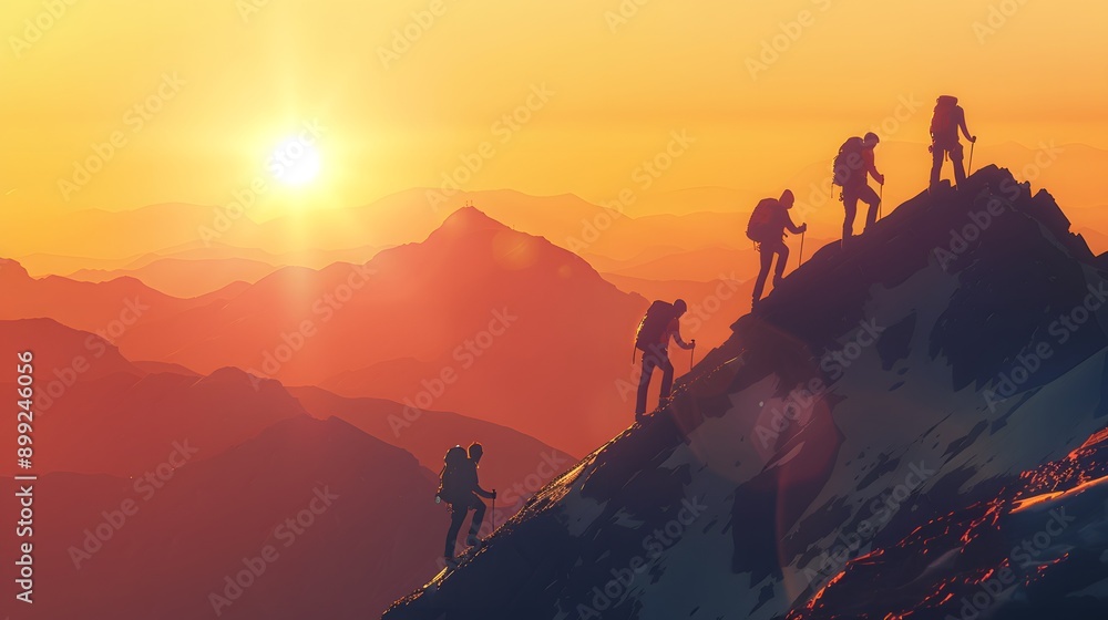 A group of people are hiking up a mountain A group of people are hiking up a mountain