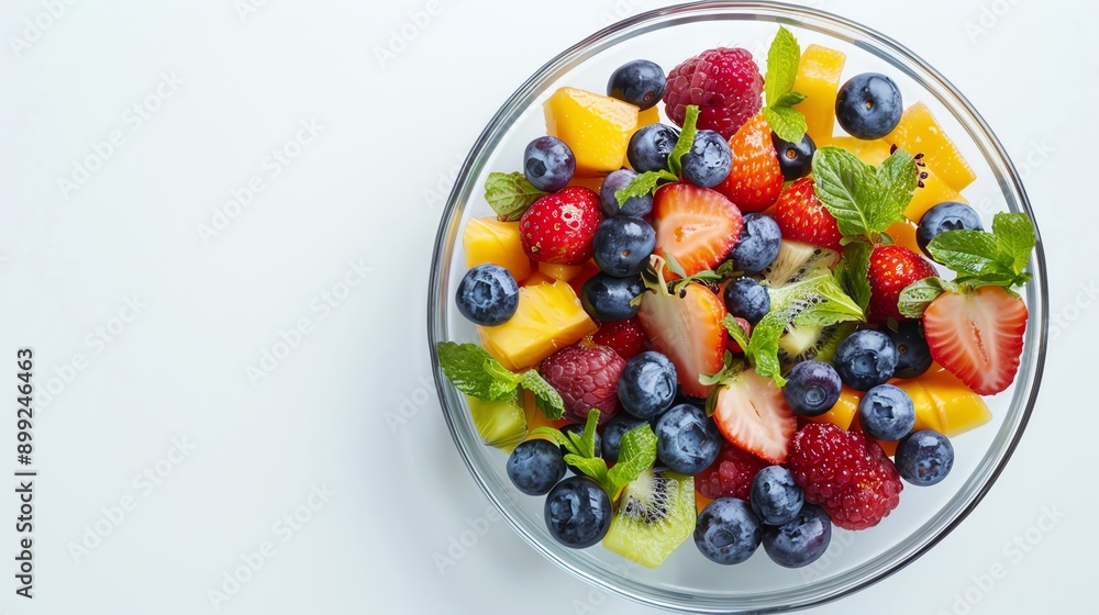Fresh fruit salad with blueberries on solid white background, single object Fresh fruit salad with blueberries on solid white background, single object