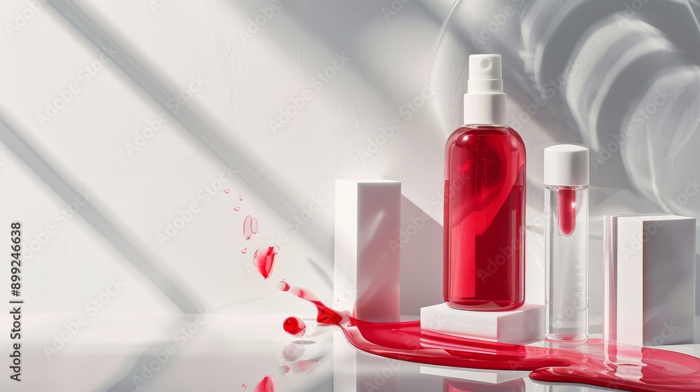 Creative composition, sense of space, translucent color, strong perspective, 1 red clear glass bottles of skin care products on a white background, Creative composition, sense of space, translucent color, strong perspective, 1 red clear glass bottles of skin care products on a white background,