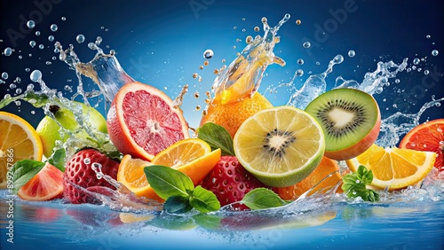 Fototapeta Naklejka Na Ścianę i Meble -  Assorted fresh fruits slices in splashing water, refreshing and vibrant, fruits, slices, water, splashing, freshness