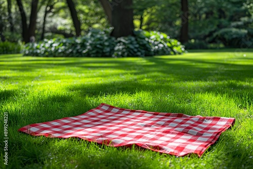 Red and white checkered picnic blanket on grass