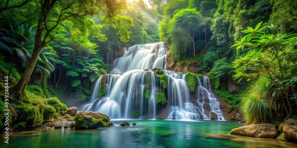 Obraz premium Waterfall cascading through lush jungle forest, scenic green nature landscape, waterfall, jungle, forest, green, nature