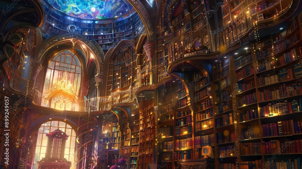 Fototapeta premium Library of the Cosmos, divine, fantasy art style, vibrant colors, digital painting