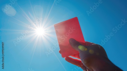 Red card held high by a hand, bright blue sky, sunlight shining on the card, focus on the action photo