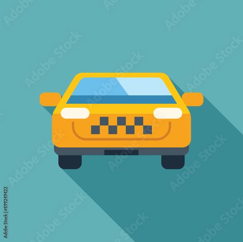 Yellow taxi cab waiting for passenger on turquoise background, transportation concept