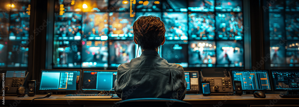 a modern security guard looks at the monitor of CCTV cameras a modern security guard looks at the monitor of CCTV cameras