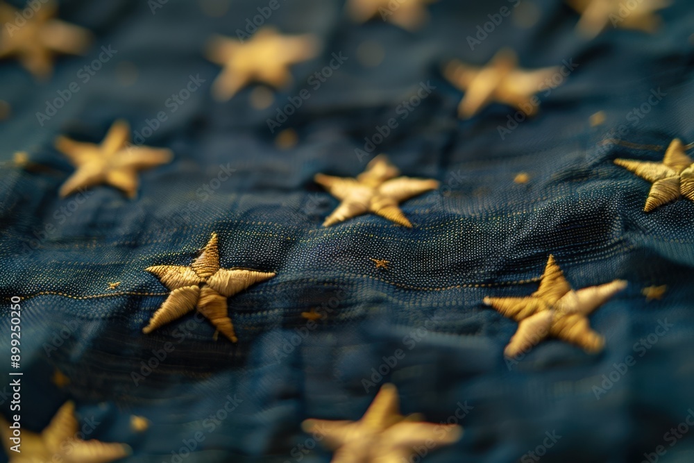 Close-up of a blue fabric with golden embroidered stars, creating a patriotic and luxurious texture. Close-up of a blue fabric with golden embroidered stars, creating a patriotic and luxurious texture.